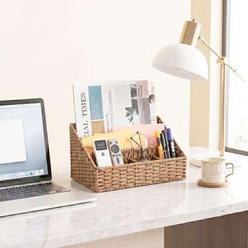 Mail Organizer for Desk - Countertop Mail Sorter & Magazine Holder, Brown Desk Organizer with 5 Compartments for Letters, Bills, Office Supplies, 12.7'' L x 6.3'' W x 7.1" H