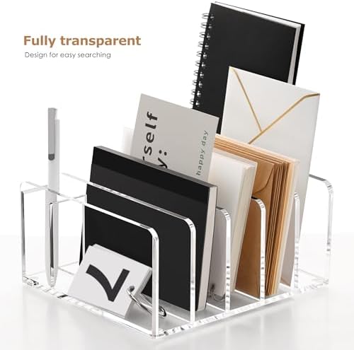 Acrylic Mail Sorter Desk Organizer with Pen Holder, 5 Compartments Clear