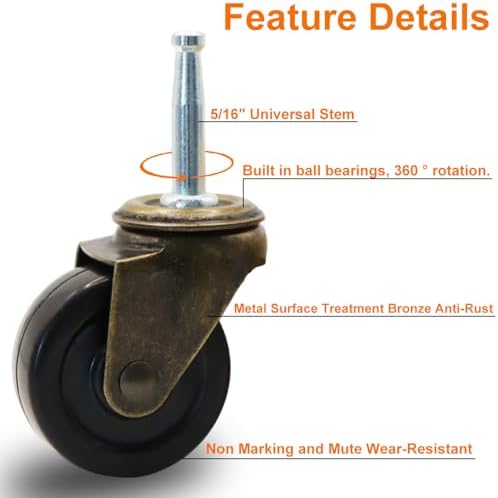 1-1/2 Inch Antique Brass Caster Wheels, Rubber Casters 5/16 Inch x 1-1/2 Inch (8 x 38mm) Stem Sockets Caster for Sofa, Chair, Cabinet, Dresser Vintage Furniture Set of 4