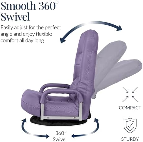 Best Choice Products Swivel Gaming Chair 360 Degree Multipurpose Floor Chair Rocker for TV, Reading, Playing Video Games w/Lumbar Support, Armrest Handles, Adjustable Foldable Backrest - Light Purple