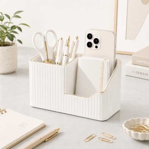 KINGFOM Luxury PU Leather Desk Organizer for Office Accessories, Aesthetic Pen Holder for Desk, Modern Desktop Storage Organizer for Home Office Supplies Cream White with Gold Trim