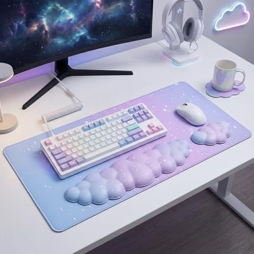 Cloud Mouse Pad Keyboard Wrist Rest 4PCS Extended Large Galaxy Stars Desk Mat Pad Set Memory Foam Non-Slip Cute Ergonomic Gaming Mouse Pad Wrist Support for Computer Home Office Purple Blue