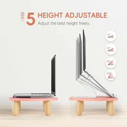 AFOOYO Adjustable Wood Laptop Stand, Ergonomic Height Angles Computer Stand, Cloud-Shaped Holder Riser Notebook Stand for Desk Compatible with Air, Pro, Dell, HP, Lenovo More 10-17.3" Laptops, Pink
