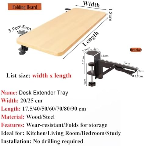 Clamp On Desk Extender, 90 Degree Foldable Desktop Extension Board, Ergonomic Keyboard Tray Extender for Office Desk, Dining Table, Window Sill & Bookshelf Space Saving White 20x50cm (7.9inx19.7in)