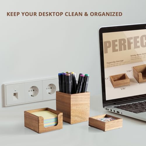 Desk Organizer Set of 3 - Acacia Wood Office Desk Accessories - Desk Organizers and Accessories for Women Men - Set incl. Pencil Pen Holder, Paperclip Storage and Sticky Note Holder