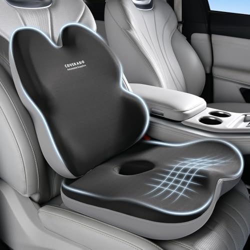Coverado Car Seat Cushion And Lumbar Support Pillow for Office Chair,Desk Chair, Wheelchair, Gaming Chair, Car, Airplane, Washable Ergonomic Memory Foam Pillow Back Cushions & Seat Cushions Gray&Black