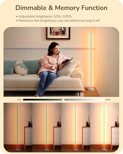 EDISHINE 59.84" LED Corner Floor Lamp, 3000K & Stepless Dimmable, Silver