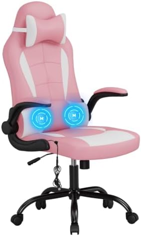 Gaming Chair Office Chair Desk Chair Racing Executive PU Leather Ergonomic Massage Computer Chair with Lumbar Support Headrest Armrest Task Rolling Swivel Chair for Girls, Pink