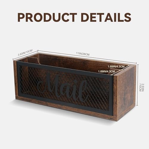 Mail Organizer Countertop, Rustic Farmhouse 2-Slot Wood & Iron Mail Holder, Retro Wall Mounted or Desk Entryway Letter Bill Envelope Sorter, No Assembly