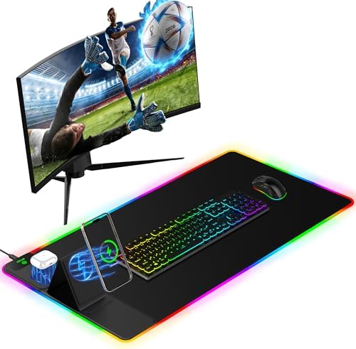 Mouse Pad with Wireless Charger Foldable Phone Holder, XXL RGB Gaming Mousepad 31.5"x15.8" Large Desk Mat for Keyboard, Black Desk Pad with Dual Qi Charging Station, 11 Colors 5 Modes