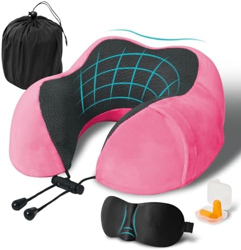 Travel Pillow, Memory Foam Neck Pillow for Traveling, U Shape Neck Pillow Airplane Portable Flight Pillow Travel Kit with 5D Contoured Eye Masks and Earplug for Plane Train Car Home Office