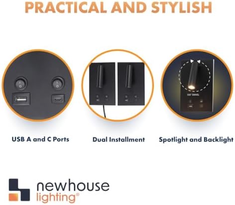 Newhouse Lighting 5 in. W x 9 in. L Vera Spotlight Reading Light in Matte Black with USB-A and USB-C Charging Ports NHRL-VE-BLK, Bedside Lamp for Nightstands, Space-Saving Office Desk Accessory