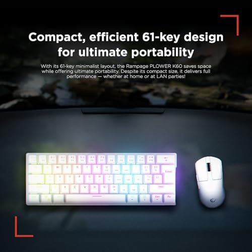 Rampage K60 Mechanical Gaming Keyboard – 62 Keys, Compact 60% Layout, Blue Switches, LED Backlit, Anti-Ghosting, Wired (White, Windows/Mac Compatible)