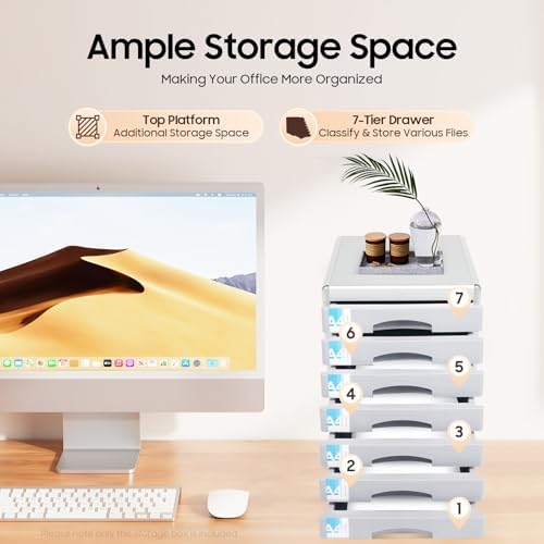 Desk Organizer with 7 Drawers, Metal Desktop Storage Cabinet File Holder with Locks and Keys, Filing Case Literature Organizer for Office Home, L11.8*D14*H16in, Silver & Grey