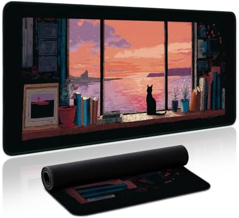 Aesthetic Desk Mat, Cute Cozy Cat Desk Pad Protector for Work & Decor, 31.5" x 11.8", Pretty Non-Slip Extended Mouse Pad for Office or Home