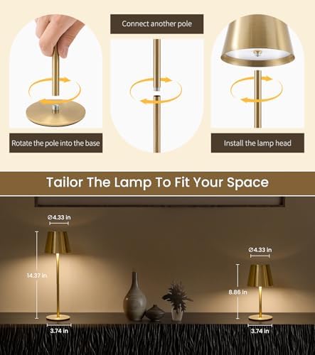 3 Pack Cordless Table Lamp, Portable Battery Operated Lamp with 3 Color Temps and Stepless Dimming, Rechargeable Table Lamp for Dinner, Desk, Cafe, Outdoor (Brushed Gold)