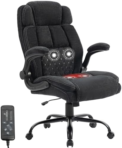 Massage Office Chair,500LBS Ergonomic Rocking Executive Desk Chairs with 4 Points Vibration&Heat,Padded Flipup Armrests for Big and Tall Office Chair,Swivel Computer Chair LightBlack