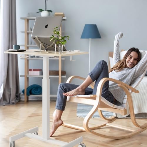 Mobile Desk on Wheels, Pneumatic Height Adjustable, Maple+White
