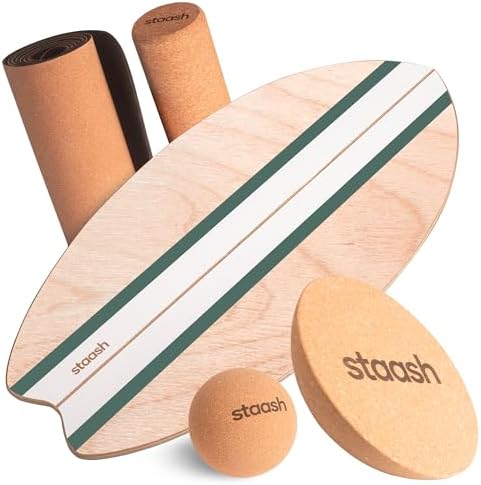 STAASH® Balance Board Full Kit – Premium Birch Wood Trainer with Cork Roller, Balance Disc, Massage Ball & Anti-Slip Mat – Core Strength, Surf, Snowboard & Rehab Training – All-In-One Set