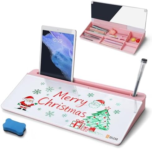 SELEAD Desktop Glass Whiteboard with Storage & Built-in Mirror, Pink