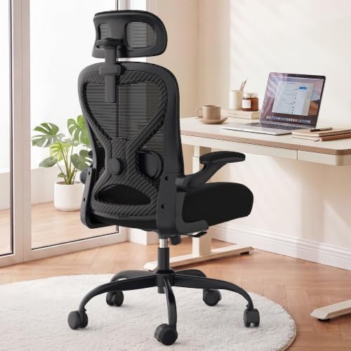 Ergonomic Office Chair for Long Hours and Back Pain Relief, Space-Saving Design with Adjustable Lumbar Support, Flip-Up Arms, 3D Headrest, Tilt & Rock, 330 LBS, Black/Carbon Fiber