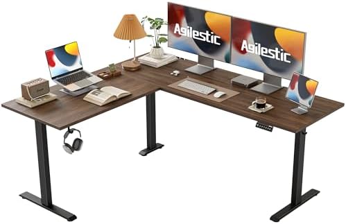 Agilestic 63 x 55 Inch L Shaped Electric Standing Desk, Dark Walnut
