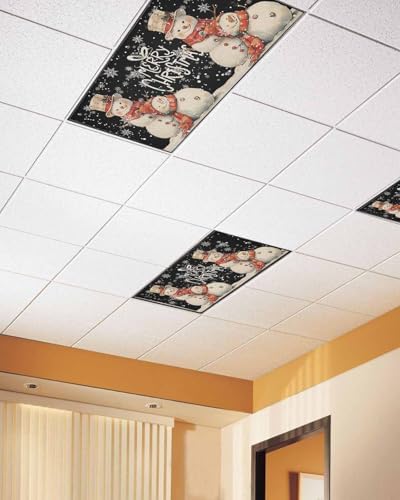 Black Snowman Magnetic Fluorescent Light Covers for Ceiling Lights 2 x 4 Feet,Vintage Christmas Snowflakes Watercolor Office Classroom Kitchen Drop Ceiling Light Covers Filters Shade Panel 3 Packs
