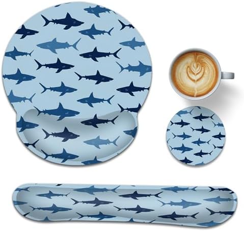 Wrist Rest Mouse Pad and Keyboard Support Set,Cute Shark 3 in 1 Ergonomic Memory Foam Mousepad with Non Slip Base, Gaming Mouse Pad for Office and Home