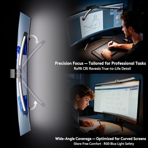 Quntis Curved Monitor Light Bar 15 RGB Backlight for 34"+ Screens, Computer Bar Lights Foldable Dual Light with Color Temperature Brightness Stepless Dimming, No Glare Desk Lamp for Home Office Gaming