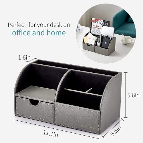 VLANDO Office Desk Organizer Leather Desktop Organizer Caddy with Drawer for Storing Desktop Supplies and Accessories (Grey Set)