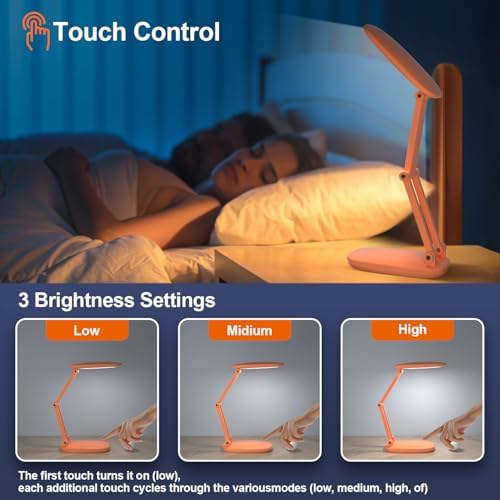 Akejrym LED Desk Lamp for Office Home & Battery Operated Lamp Rechargeable Lamp Foldable & Portable Light, [2-Fold Bracket] 3 Brightness Dimmable Small Desk Lamp Wireless Reading Lamp (Orange)