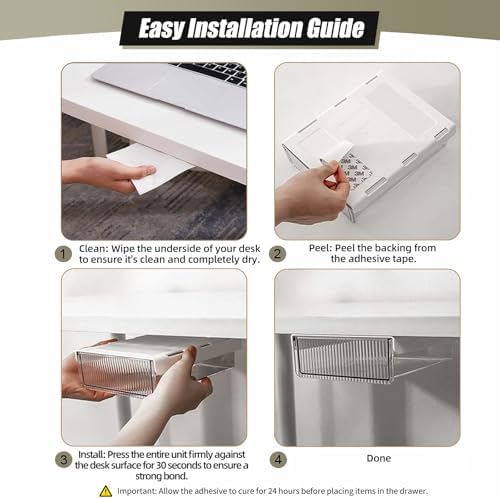 2Pcs Under Desk Storage Drawers Slide Out,Large&Medium,Stick On Drawers,Under Desk Organizer Hidden Under Table Drawer for Home Office School Organization and Storage-Clear White
