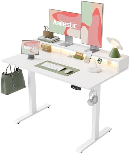 Agilestic 48 * 24 Inch Electric Standing Desk with Shelf & Led, White