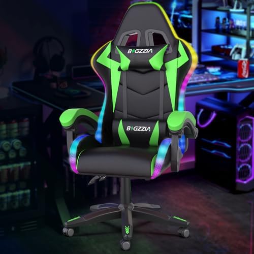 Bigzzia Gaming Chair with RGB LED Lights for Kids & Adults (Black/Green)