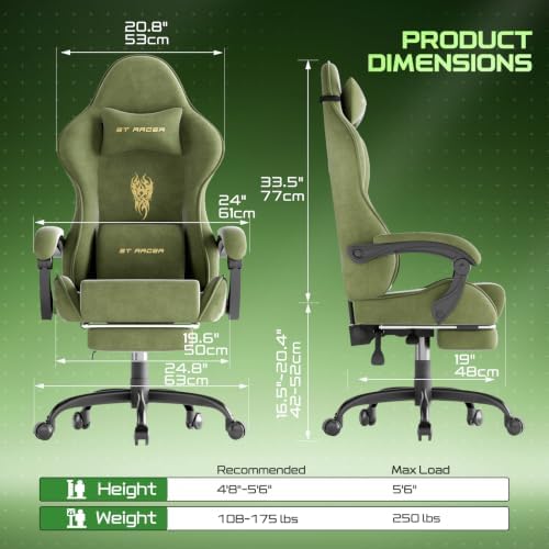 Ferghana Ergonomic Velvet Fabric Gaming Chair with Embroidery Fire, Massage Lumbar Support & Retractable Footrest, Reclining Racing Computer Office Desk Chair for Adults, Green