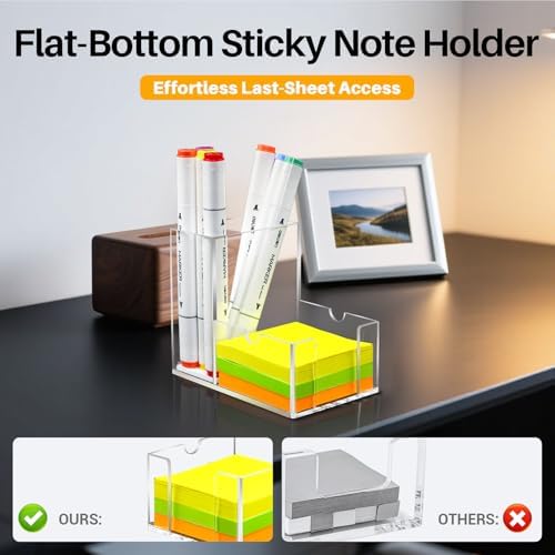 Sticky Note Holder, Crystal Clear Acrylic Pen and Sticky Note Dispenser for 3x3 Inches Note Pads, Simple Phone Stand for Office Home School Dorm Room Desk Organizer(No Pads) (2)
