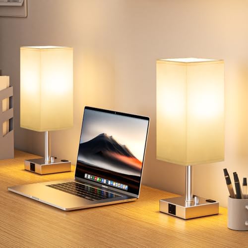 Silver Bedside Table Lamps Set of 2 - Dimmable, USB C+A, 2 AC Outlets