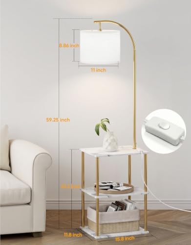 PARTPHONER Floor Lamp with Table, Night Stand with Lamp, Narrow Side Table with 3CCT LED Bulb, Small Coffee Table, Modern End Table with Storage Shelves for Living Room, Marble White and Gold Poles