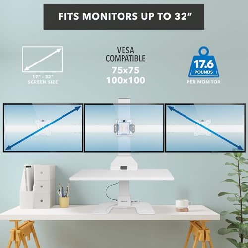 Mount-It! Triple Monitor Electric Standing Desk Converter - 3 Monitor Standing Desk is Height Adjustable, Sit-Stand Converting Desk for Home, Office Monitor Mounts Fits Screens up to 32" White