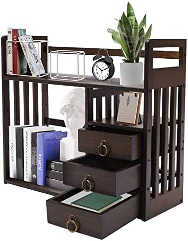 Bamboo Desk Book Shelf,Desktop Bookshelf Storage Rack Tabletop Standing Organizer Bookshelf with 3 Drawers,Freestanding Desk Bookcase for Home Dormitory Offices (Nut-Brown)