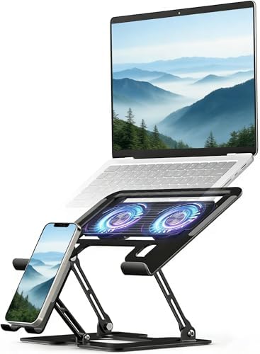 Laptop & Phone 2-in-1 Cooling Stand with Silent Fan, Adjustable Height & Angle, Carbon Steel Foldable Laptop Riser, Gaming Laptop Cooler Pad for Laptops Up to 18 Inch (Black)
