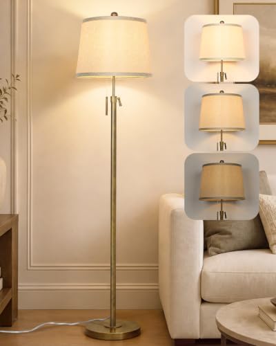 Antique Brass Floor Lamp Adjustable Height 55" to 65" Tall 3 Brightness Way