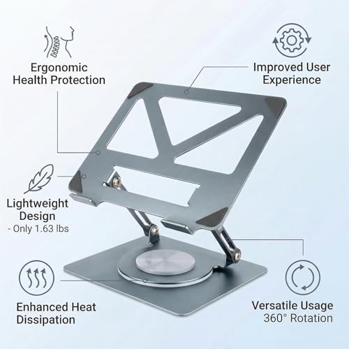 360 Rotating Aluminum Laptop Stand, Adjustable & Foldable Ergonomic Computer Stand, Compatible with MacBook, iPad, Dell, HP up to 16 Inches for Home & Office, Gray
