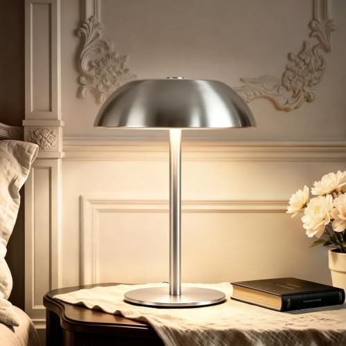 Portable LED Mushroom Table Lamp, 24H Cordless Metal Night Light with Rechargeable Battery, Stepless Dimmable 3 Colors Desk Lamp for Bedroom Bar Coffee Shop(Brushed Silver)