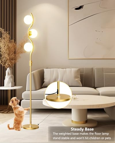 Lightdot 60IN Gold Floor Lamp Stepless Dimmable Globe Floor Lamps with 3Pcs 3000K Bulbs Included Eye-Friendly Mid Century Standing Lamps with 5Lbs Heavy Base for Living Room/Bedroom/Sofa Beside