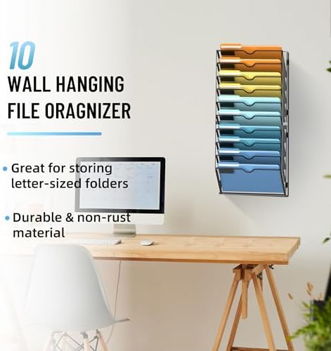 10-Tier Hanging Wall File Organizer with Hooks for Office Organization