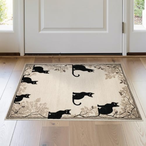 2'x3' Black Cat Taupe Design with Motifs Washable Doormat