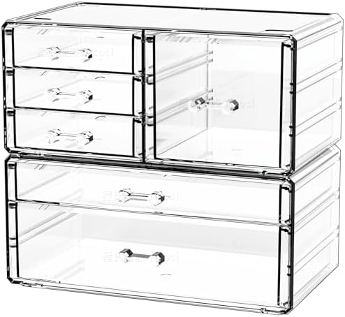 Cq acrylic 2 Pack Clear Desk Organizer With Drawers,Stackable 6 Drawers Skincare Organizer,Cute Skin Care Organizers for Vanity Hair Clip,Jewelry,Beauty Product Desk and Makeup Organizers Countertop