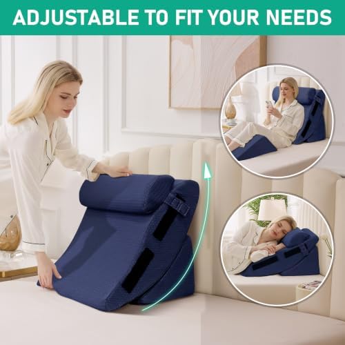 4PCS Wedge Pillow Set for After Surgery, Orthopedic Bed Wedge Pillow for Back Pain Relief, Sitting Up in Bed, Acid Reflux, Adjustable Post Surgery Pillows for GERD, Snoring, Navy