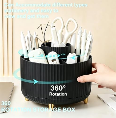 Pencil Pen Holder 5 Slots 360°Degree Rotating Pen Organizers for Desk Desktop Storage Stationery Supplies Cute Pencil Cup Pot Kids Desk Organizer for Office Home School（Black）